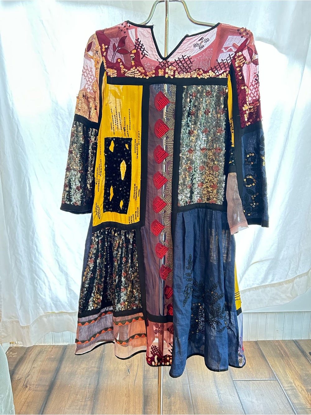 Anthropologie Boho Patchwork Dress in Mustard, Navy & Burgundy